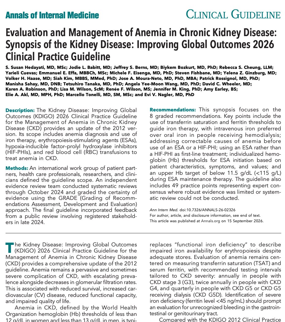 LuisOliverio's tweet photo. Anemia en enfermedad renal crónica (ERC), una sinopsis de las guías KDIGO en Annals of Internal Medicine (2026). Puntos clave:

🟠 En HD: iniciar hierro (IV) si ferritina ≤500 ng/mL y TSAT ≤30%, suspender si ferritina >700 o TSAT ≥40%. Sin HD o en DP: ferritina <100 con TSAT <40%, o ferritina 100–300 con TSAT <25%.

🟠 ESA (agente estimulante de la eritropoyesis) primero, HIF-PHI (Hypoxia-Inducible Factor Prolyl Hydroxylase Inhibitors) después. HIF-PHI se evita en cáncer activo, poliquistosis, retinopatía proliferativa, HAP, eventos CV o tromboembólicos previos y embarazo.

🟠 Meta de hemoglobina: <11.5 g/dL, típicamente 10–11.5. Es la única recomendación fuerte de las 8. Base: CHOIR Trial (2006).

🟠 Inicio de ESA individualizado. En G5D: Hb ≤9–10 g/dL. Sin diálisis: 8.5–10 g/dL (debatido). Siempre siempre corrige antes las otras causas de anemia y reponer el hierro. 

Tema "Anemia en Enfermedad Renal Crónica" ya actualizado en Accio, iOS y Android (https://t.co/FQyQuLPcWG).