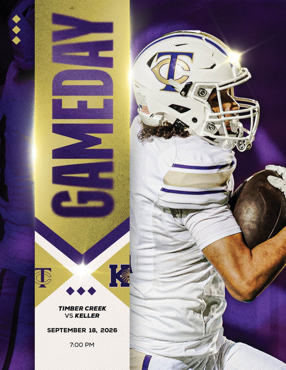 TCHSFootball's tweet photo. 🏈 GAMEDAY! 🏈

The 1st Battle for Keller is HERE! 🔥

The Timber Creek Falcons take on Keller tonight under the lights!

📍 KISD Stadium
🕖 7:00 PM
📅 September 18, 2026

Time to FLY 💜💛

#LetsEAT #Built4Flight #KellerChamps #TXHSFB https://t.co/rE5WkWvf7I