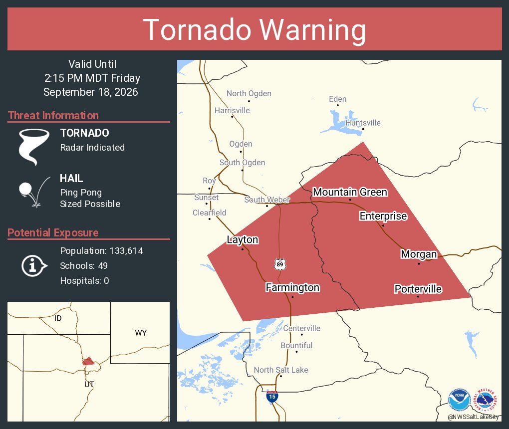NWStornado's tweet photo. Tornado Warning including Layton UT, Kaysville UT and  Farmington UT until 2:15 PM MDT https://t.co/uolcqHVvsr