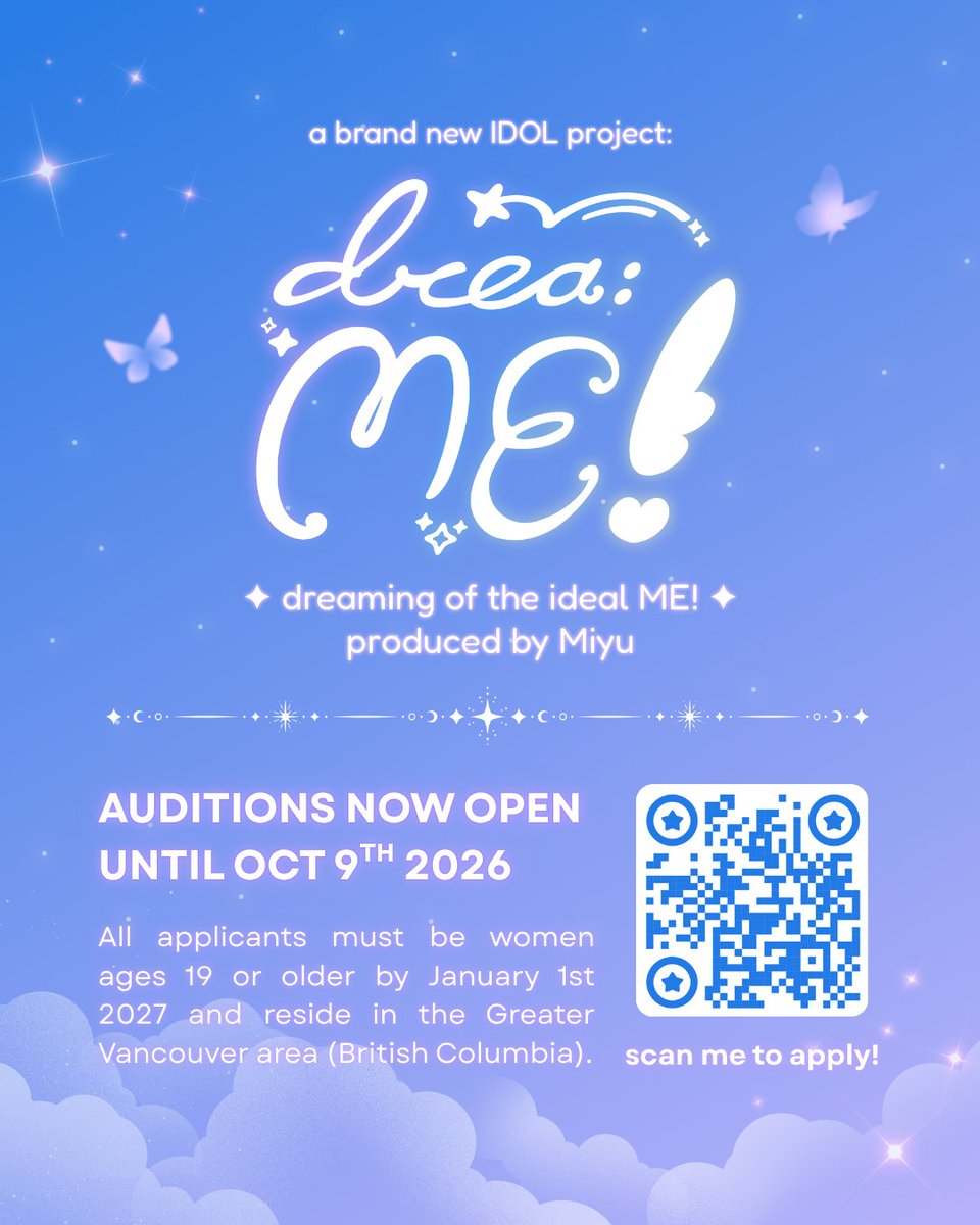 dreamymiyu's tweet photo. the moon dreams again 🌙

it feels very surreal to finally say this but i'm so happy to announce that i will be the producer and first member of the brand new vancouver idol group: drea:ME!

applications are open until oct 9th! i hope to see you apply 🤍 https://t.co/fRqO69xATm