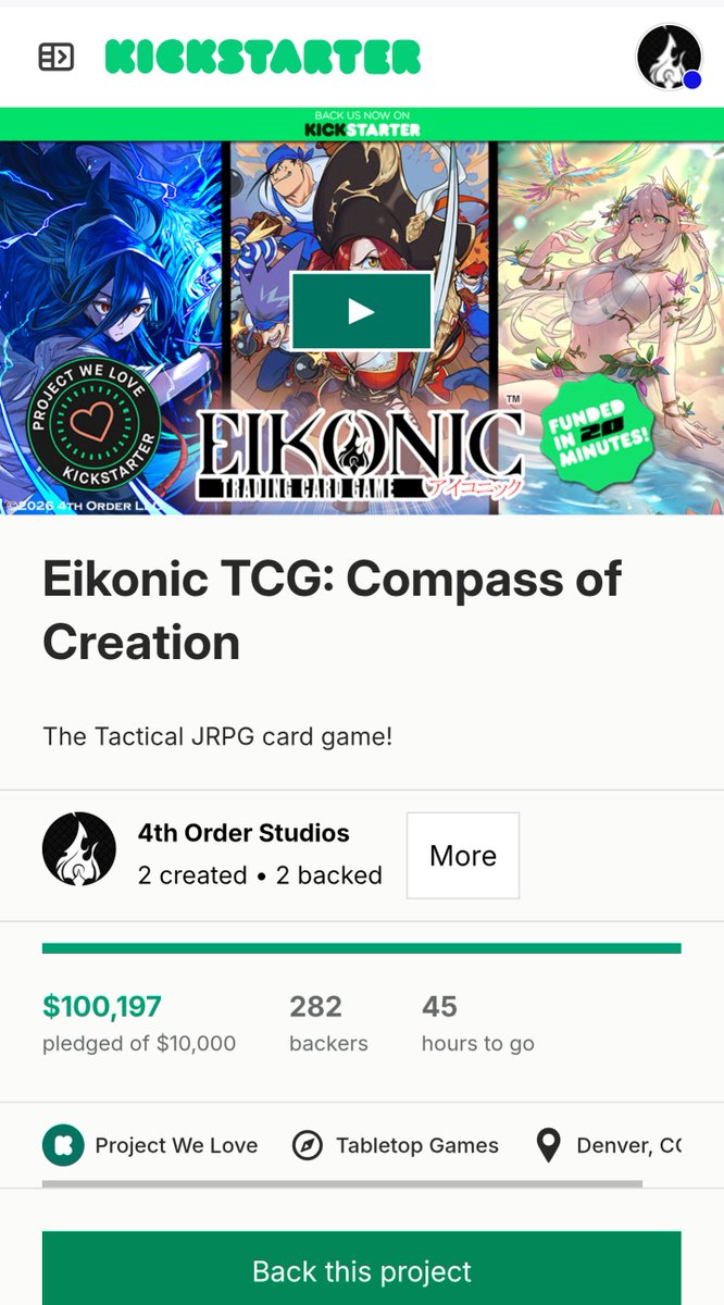 EikonicTCG's tweet photo. We did it! $100K stretch goal reached!

In addition to an alternate art piece created for all backers, hitting this stretch goal reveals our hidden product stretch goal at $110K for the Eikonic TCG Clash Kit!

What is a Clash Kit? 
It's sealed format in a box for up to 4 players! https://t.co/hrDuqh7kkl