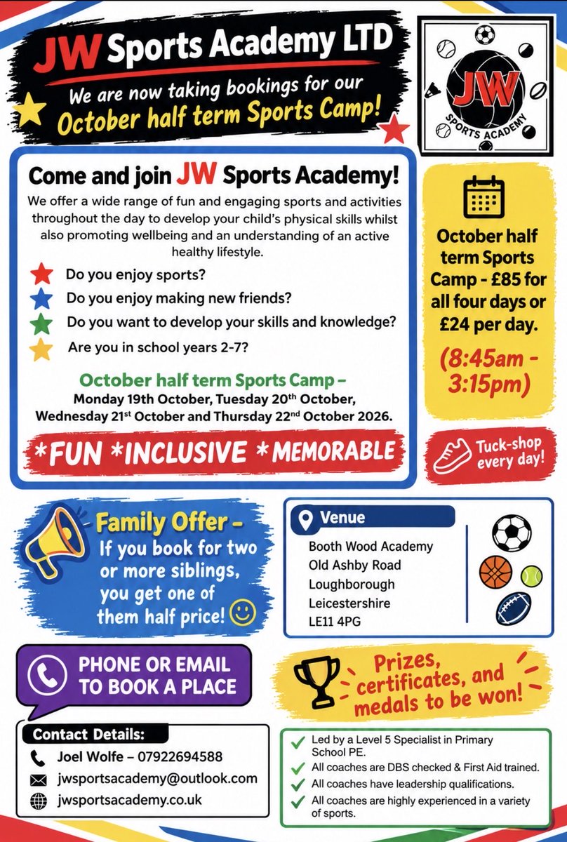 JWSportsAcademy's tweet photo. Our first Sports Camp of the 26/27 Academic Year is upon us! Book your child a place now to avoid disappointment as places are limited. For more information please get in touch! ✍🏼😃⚽️🏅

Please like, share and comment to keep us growing and to keep children having fun 🙏🏼❤️ https://t.co/3HMtLDJe9R