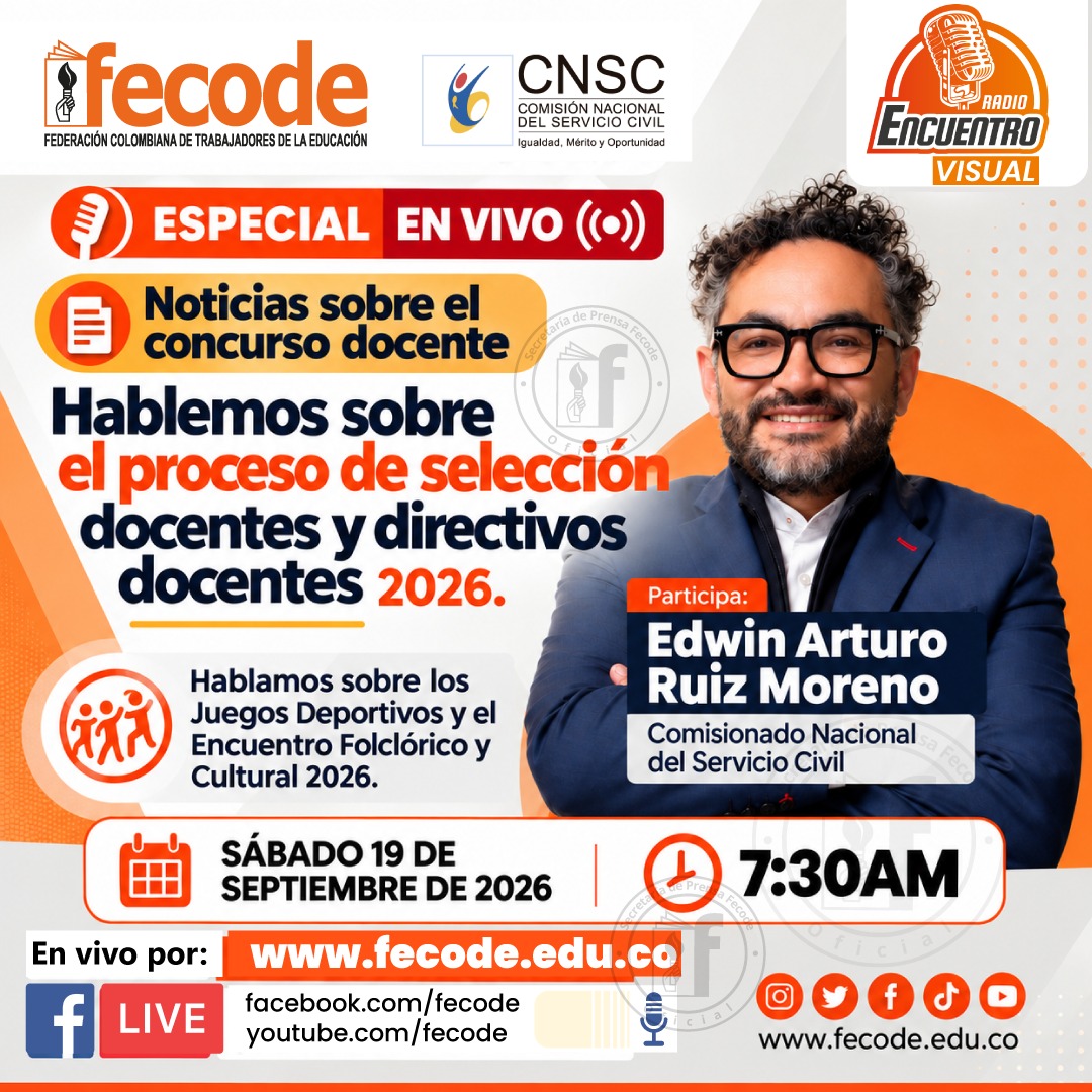 fecode's tweet photo. 🗣️Mañana, especial a las 7:30 am en nuestra Radio Encuentro Visual, hablamos sobre:
📝Noticias del concurso docente 2026
🏐Juegos del Magisterio, Encuentro Folclórico y Cultural y bienestar del magisterio.
✔️Invitado especial:
Edwin Ruiz Moreno, Comisionado @CNSCColombia https://t.co/5DskIMePRK