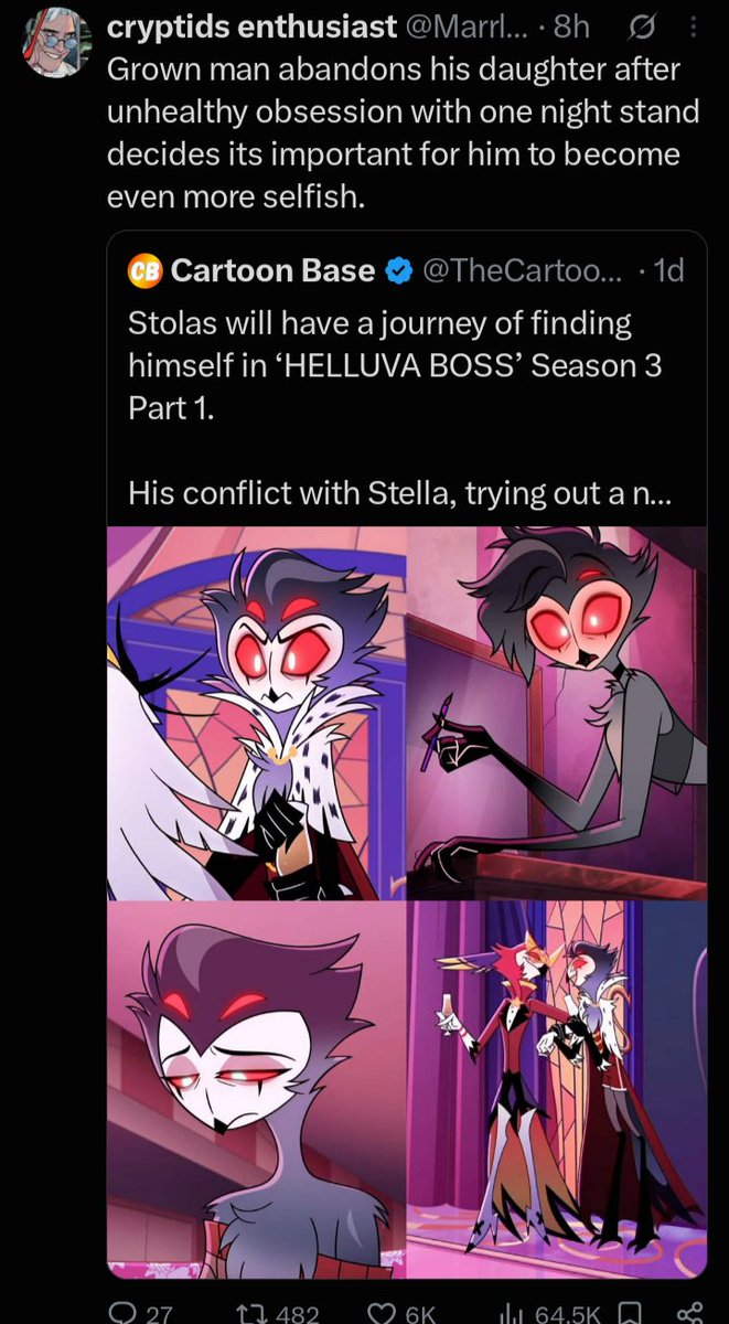 TrickyParanoia's tweet photo. Stolas didn't abandon Octavia; Stella turned Octavia against him (All S: 2).

Sure, he cheated, but it's hard to blame him when you see what kind of hell Stella was putting him through (S: 2, E: 1).

Stolas has done some shitty things, but abandoning Octavia wasn't one of them. https://t.co/nREkJ2a370