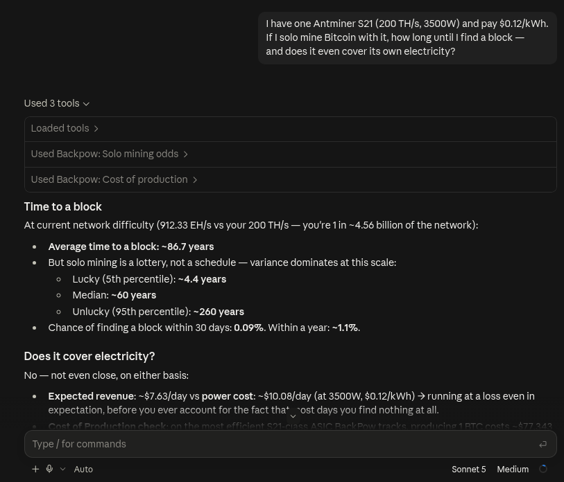 BackpowCom's tweet photo. The Proof of Work oracle for AI assistants.

Ask any assistant about mining: difficulty, hashrate, solo odds,
cost of production, profitability.
Live data, no scraping, far fewer tokens burned on your side.

126 PoW networks. Not just Bitcoin. Free.

https://t.co/mmU0GuDka9 https://t.co/npyL5DOcE3