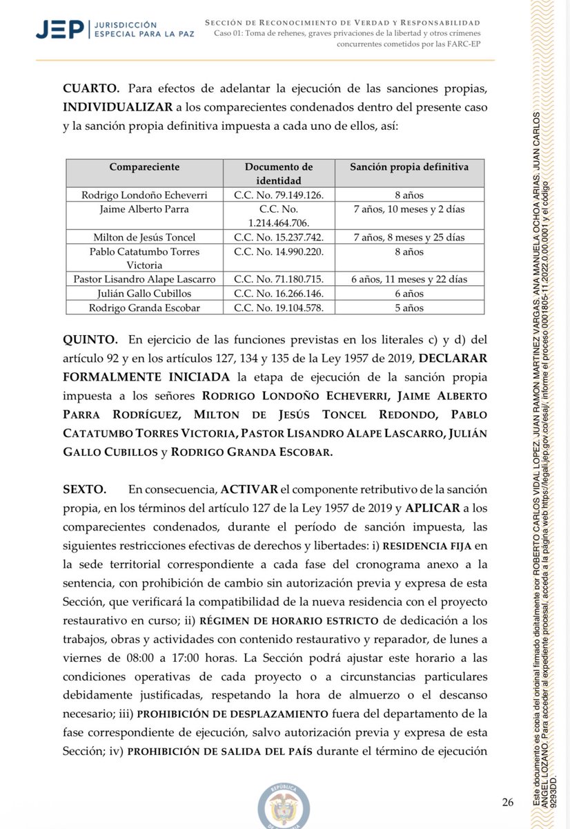ricarospina's tweet photo. Atención: La @JEP_Colombia declara formalmente la ejecución de la sanción contra el antiguo secretariado de las Farc por secuestro. @TimoComunes tendrá ocho años de sanción. Les van a poner dispositivos de seguimiento electrónico, tienen por norma la prohibición de salir del país. Vía @BluRadioCo