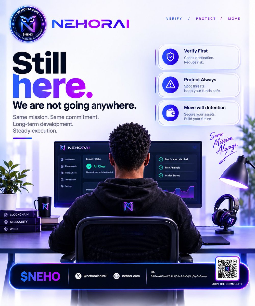 Nehoraicoin01's tweet photo. Still here. We are not going anywhere.

NEHORAI remains committed to the same values: Clarity and practical protection before value moves on-chain.
Values do not change with conditions. 
Steady work continues.

$NEHO 
CA: 3cRRwsW47pxYF2pbLKjGJhp1u2nBajfJLgTqeCaBpump https://t.co/VoB16hIa6l