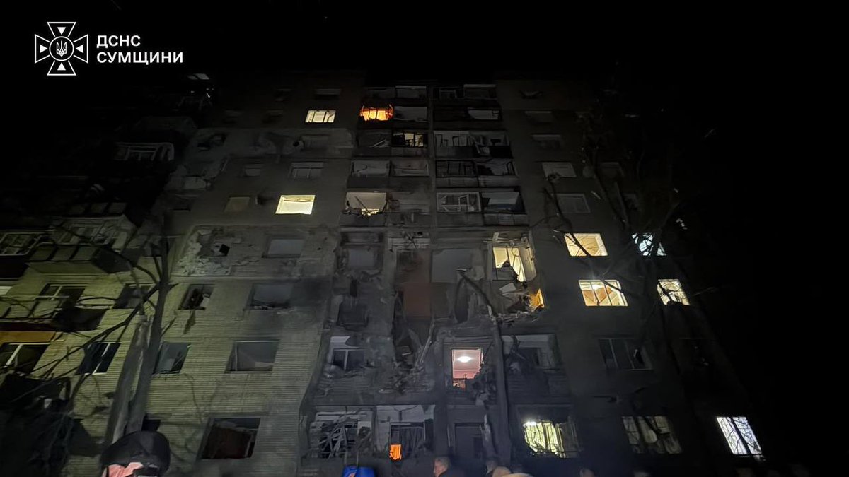 Maks_NAFO_FELLA's tweet photo. 🇺🇦🙏 Zelensky: All services are currently working at the site of the absolutely inhuman Russian strike on a residential high-rise building in Sumy. 

There was a direct hit from an air bomb between the third and fourth floors. Four people have already been rescued from under the rubble, including a child. As of now, it is known that, unfortunately, two people have died. My condolences to all relatives and friends. 

There may still be people under the rubble. Rescuers are doing everything to unblock them and put out the fires. The search and rescue operation will last as long as necessary. There was also a strike on a polyclinic in Pavlohrad in the evening, on logistics in the Kyiv region.