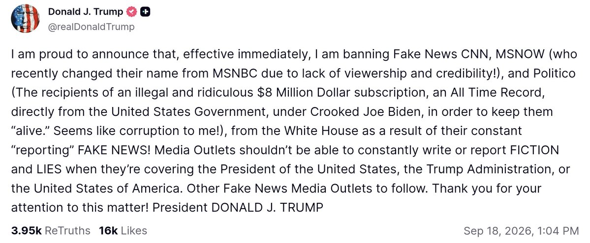 Rodpac's tweet photo. Anuncia @realDonaldTrump que @CNN @MSNOWNews y @politico no podrán entrar a la @WhiteHouse https://t.co/wbRZ0kDods