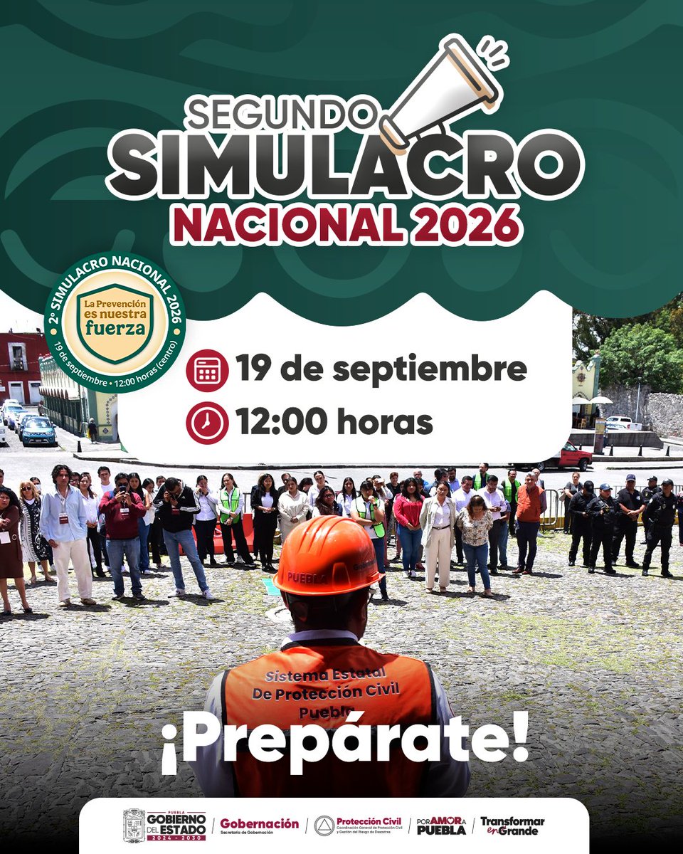 EnlaceNoticias1's tweet photo. 🫳 #Prepárate... La Coordinación Estatal de ⛑️🪖 #ProtecciónCivil, te invita a participar en el 2do. 😱😰 #SimulacroNacional de #Sismos 2026, este 🗓️ #19deSeptiembre a las ⏲️ 12:00 Horas. ¡El ✊ #Simulacro salva 👩🦰👨🦱 #Vidas! 🫂 #Gobierno del #Estado de #Puebla https://t.co/1o4m7rwib6