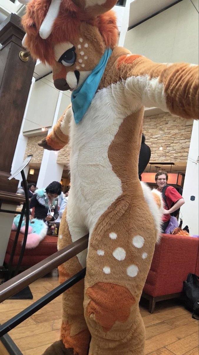 flamebleats's tweet photo. happy fursuit friday! deer attempts to slide down railing :3 https://t.co/gks7yDf1dQ