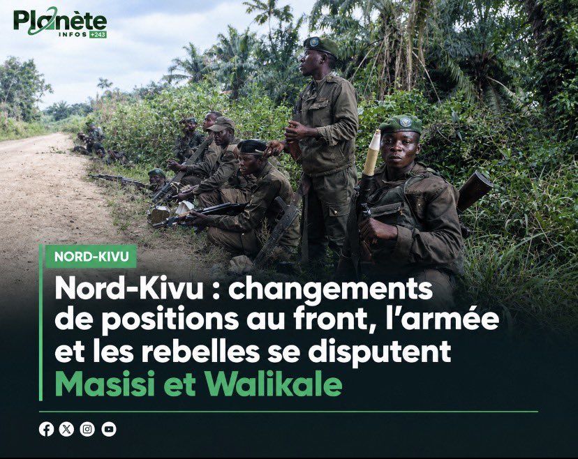 PlaneteInfos243's tweet photo. 🚨  #rdc | nord-kivu : changements de positions au front, l’armée et les rebelles se disputent masisi et walikale

La tension reste vive dans les territoires de Masisi et Walikale, au Nord-Kivu. Les combats opposent les FARDC, appuyées par les combattants wazalendo, aux éléments de l’AFC/M23. Plusieurs localités connaissent des changements de contrôle au gré des offensives et contre-offensives.

du terrain regagné à masisi

Dans le territoire de Masisi, les FARDC et leurs alliés rapportent avoir repris plusieurs positions dans les zones d’Ufamandu 1er et de Nyamaboko.

À Ufamandu 1er, des mouvements sont signalés autour de Miko, Remeka, Kaleta et Kasake. À Nyamaboko 1, des positions sont également rapportées à Humura, Rutoboko, Ngululu et Mahanga.

La zone de Ngungu-Rubaya demeure sensible, notamment en raison de son importance stratégique et de la proximité du centre minier de Rubaya.

l’axe pinga-kalembe reste sous pression

Dans le secteur de Kibati, dans le territoire de Walikale, les FARDC et les wazalendo auraient avancé jusqu’à Milonge avant de se replier. Des éléments de l’AFC/M23 auraient ensuite repris certaines positions à Kibati.

Des mouvements et affrontements sont également signalés dans les secteurs de Kisimba et Bashali Mokoto, notamment autour de Bushimoo, Pinga, Kalembe et Ihula.

La situation sur ces différents axes reste évolutive et certaines informations ne peuvent pas encore être vérifiées de manière indépendante.

de nouveaux déplacements de populations

Les combats provoquent de nouveaux déplacements de populations. Des ménages ayant fui Ufamandu et Nyamaboko se dirigent notamment vers plusieurs zones du groupement de Waloa, tandis que d’autres déplacés sont signalés à Pinga et Kalinga.

La situation perturbe également la scolarité, l’accès aux champs et les capacités d’accueil des communautés locales.

#rdc #nordkivu #masisi #walikale
