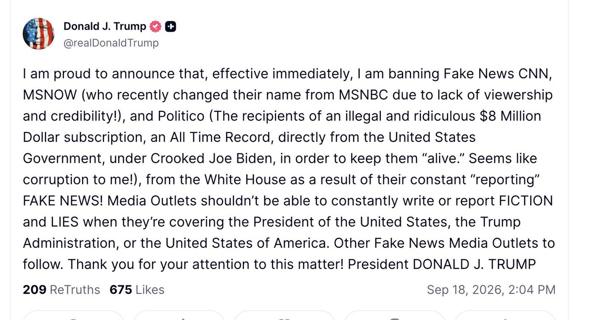 eixopolitico's tweet photo. 🇺🇸 AGORA: Trump bane CNN, MSNOW (ex-MSNBC) e Politico da Casa Branca, alegando publicação constante de “notícias falsas” contra seu governo.

“Veículos de imprensa não deveriam reportar constantemente FICÇÃO e MENTIRAS ao cobrir o Presidente dos Estados Unidos, o Governo ou os EUA”, afirmou o presidente nas redes sociais.