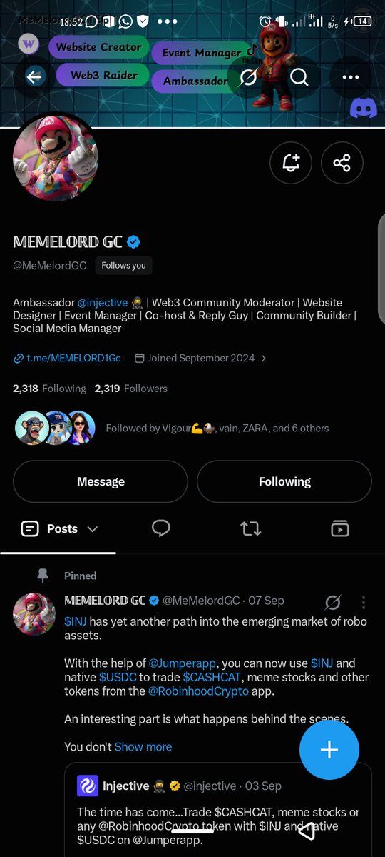 0xweb3k1ng's tweet photo. Today was a good one. Joined the Injective space, got pulled up to the speaker section (didn't get to talk but being invited already felt like something), and topped it off winning a blue tick giveaway, verified on X today 😅
Also got a follow from @bmw67_PRMR and @MeMelordGC 
Didn't want today to end honestly. All thanks to God though.
GN 🙏