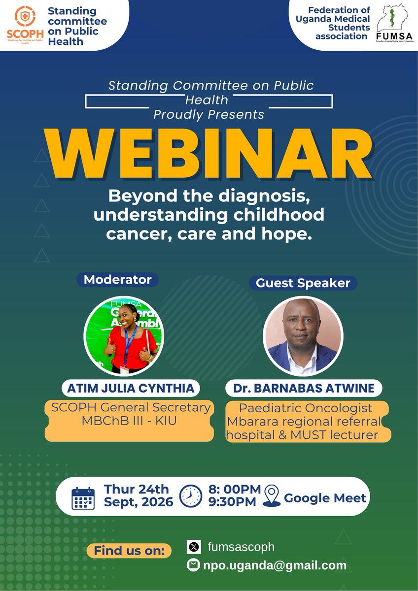 fumsascoph's tweet photo. Beyond the Diagnosis: Understanding Childhood Cancer, Care &amp; Hope 🎗️
🎙️ Guest Speaker: Dr. Barnabas Atwine - Paediatric Oncologist
🎤 Moderator: Atim Julia Cynthia — SCOPH General Secretary, MBChB III, KIU

📅 Thursday, 24th September 2026
⏰ 8:00 PM – 9:30 PM
💻 Google Meet
📌📌 https://t.co/aPYKmP5DbM