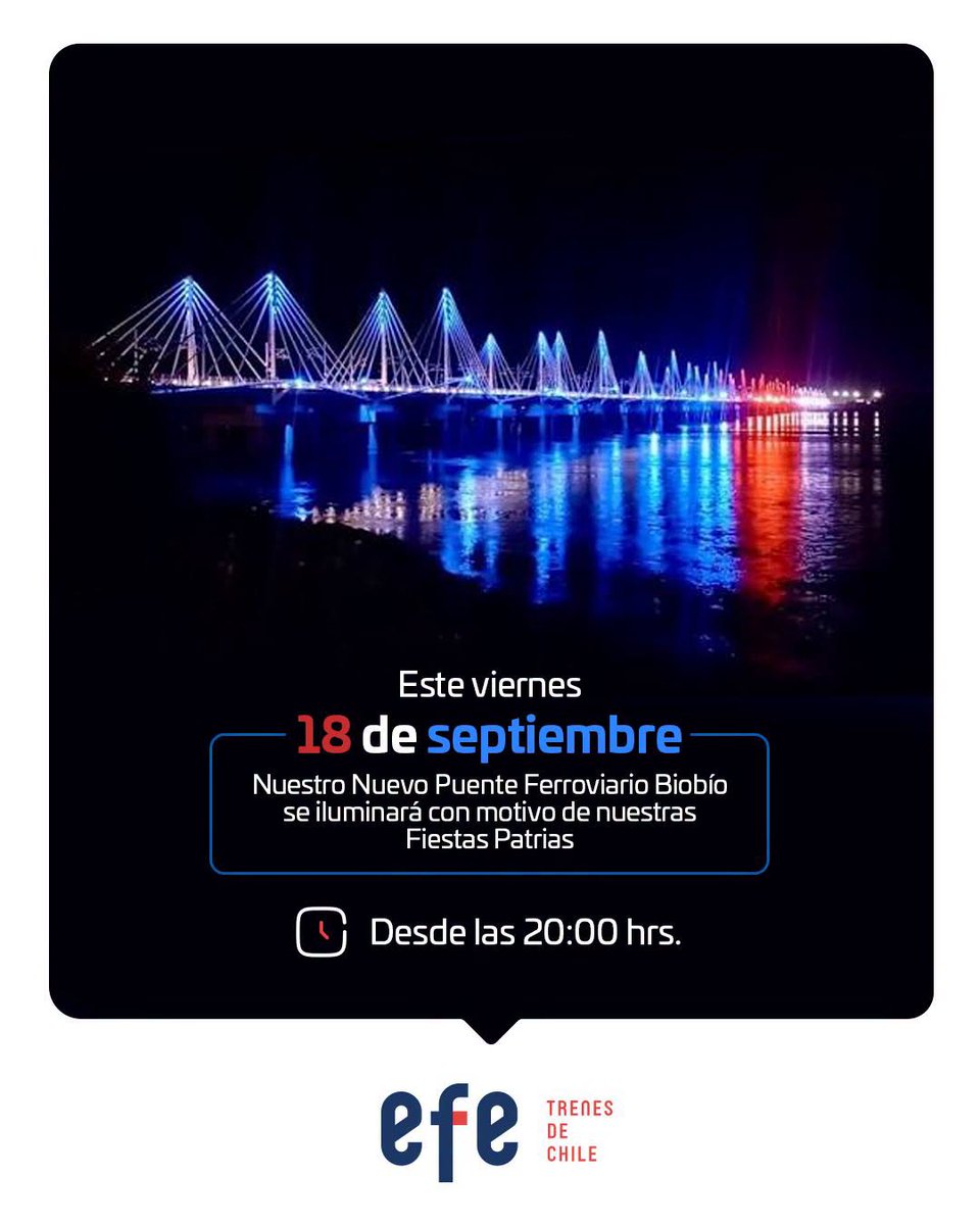 lajino's tweet photo. NUEVO PUENTE FERROVIARIO SE ILUMINA CON MOTIVO DE FIESTAS PATRIAS 🇨🇱🚅
• Este viernes 18 a partir de las 20:00 horas el Nuevo Puente Ferroviario Biobío se iluminará con motivo de Fiestas Patrias
#EFETrenesDeChile #EFESur
#FiestasPatrias #Biotren #CortoLaja
#LajaTalcahuano https://t.co/Ml2gtBLhuK