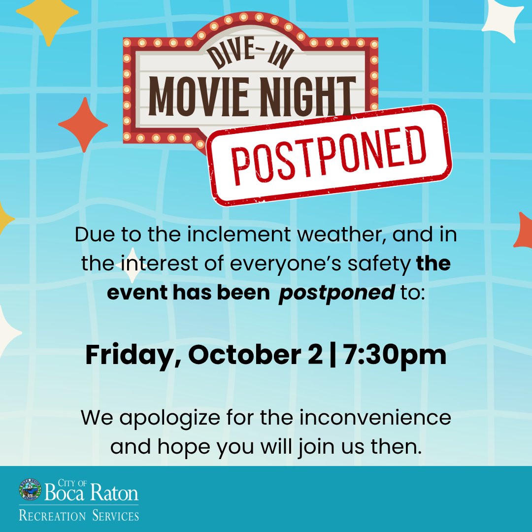 BocaRecreation's tweet photo. DIVE-IN MOVIE NIGHT HAS BEEN POSTPONED
Due to the inclement weather, and in the interest of everyone's safety the event has been postponed to Friday, October 2 at 7:30pm. We apologize for the inconvenience and hope you will join us then.
#DiveInMovieNight https://t.co/heM4ErKtxS
