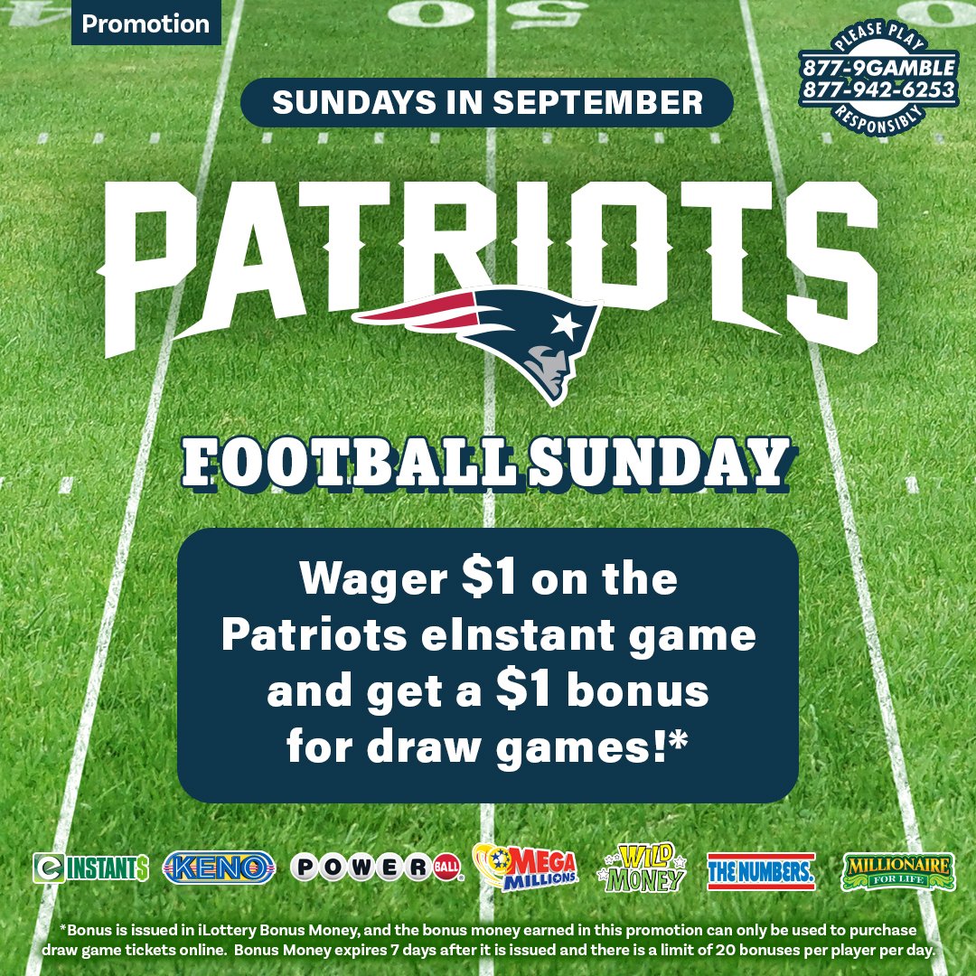 RILottery's tweet photo. This football season, every play counts! 🏈

When you wager $1 on the Patriots eInstant game on any Sunday in September, you'll receive $1 in bonus money* to purchase draw game tickets online.

You can get up to $20 in Bonus Money each Sunday to keep the momentum going. Play Now! https://t.co/Rra0Kszabg