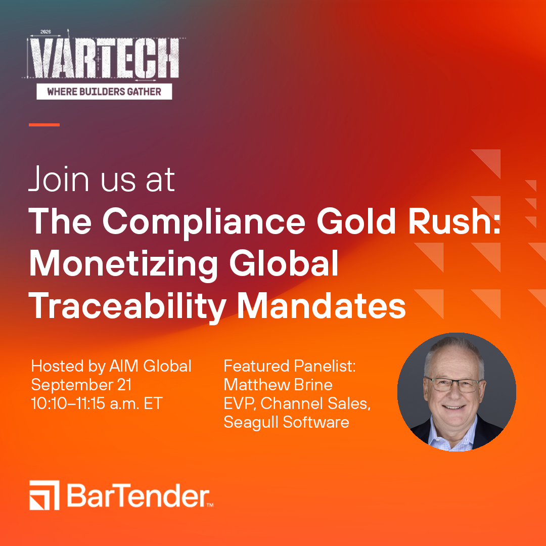 BarTenderTech's tweet photo. @Think_BlueStar #VARTECH2026 is next week!

Attend the @AIM_Inc_ panel on September 21 to learn how regulations impact labeling and tracking for physical goods. 

Then stop by our booth to see how BarTender can create labels, track assets, and improve inventory visibility. https://t.co/B8hTERrvKg