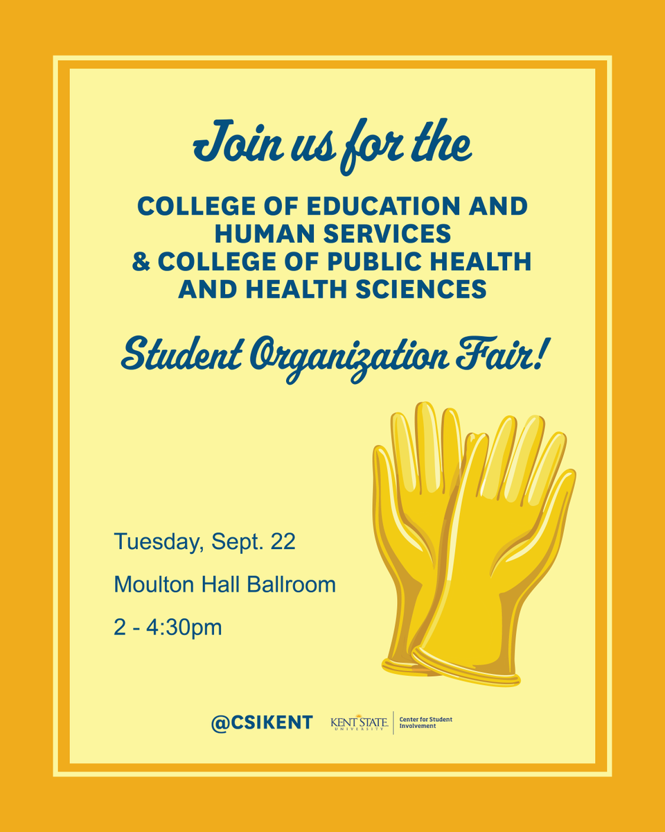KentCPHHS's tweet photo. Looking to get more involved at Kent State and in the community? Come explore the student organizations connected to the College of Public Health and Health Sciences and the College of Education and Human Services:

🗓️Tuesday, September 22
⏲️2 - 4:30 p.m.
📍Moulton Hall Ballroom https://t.co/VuHa1eja5H