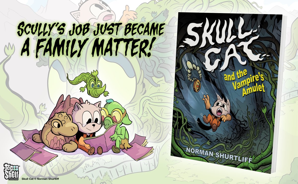 topshelfcomix's tweet photo. When Scully's father, Walter is abducted by a flying pirate ship, It's up to him, a comic fanatic goblin, and a disgruntled vine dragon to save him!

 #SkullCat and the Vampire’s Amulet by Norman Shurtliff is at bookstores now!

#graphicnovel #kidsnovel #adventure https://t.co/dlgb0pfN9t