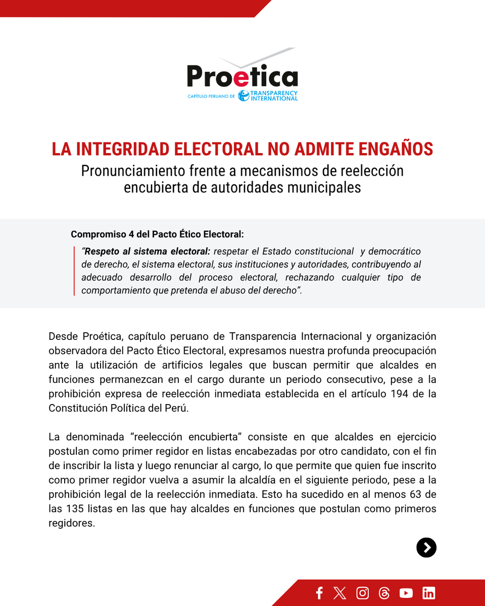 ProeticaPeru's tweet photo. #Pronunciamiento | La integridad electoral no admite engaños.

Desde Proética y como organización observadora del Pacto Ético Electoral, expresamos nuestra preocupación frente a mecanismos de reelección encubierta de cara a las Elecciones Regionales y Municipales 2026. 👉https://t.co/beY5bQXhx7