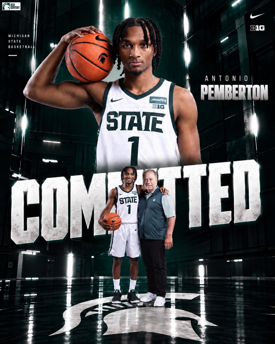 msucontent's tweet photo. BREAKING🚨 2027 five-star PG Antonio Pemberton has committed to Michigan State.

Pemberton, a Top-25 overall recruit chose the Spartans over Kansas, Marquette, UCLA, Tennessee, and others.

Tom Izzo’s first product in the 2027 class, and he’s not done yet👀 https://t.co/Azc2E33gW4