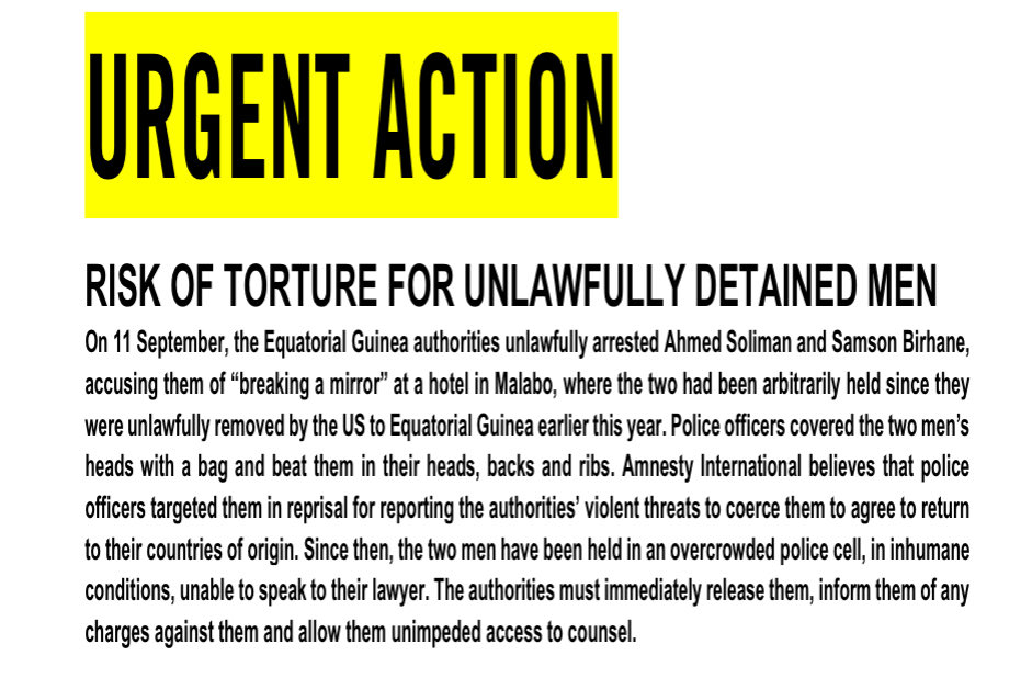 A white advocacy notice with a large black headline on a bright yellow background and several paragraphs of black text describing the risk of torture for two unlawfully detained men.