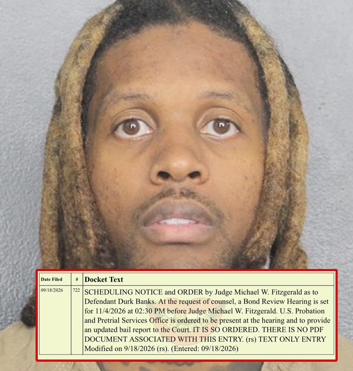 SaycheeseDGTL's tweet photo. Lil Durk’s bond review hearing has officially been set for November 4th at 2:30 PM. 👀

The judge will consider whether Durk can be released on bond as his legal battle continues. https://t.co/l8sHNx7OVN