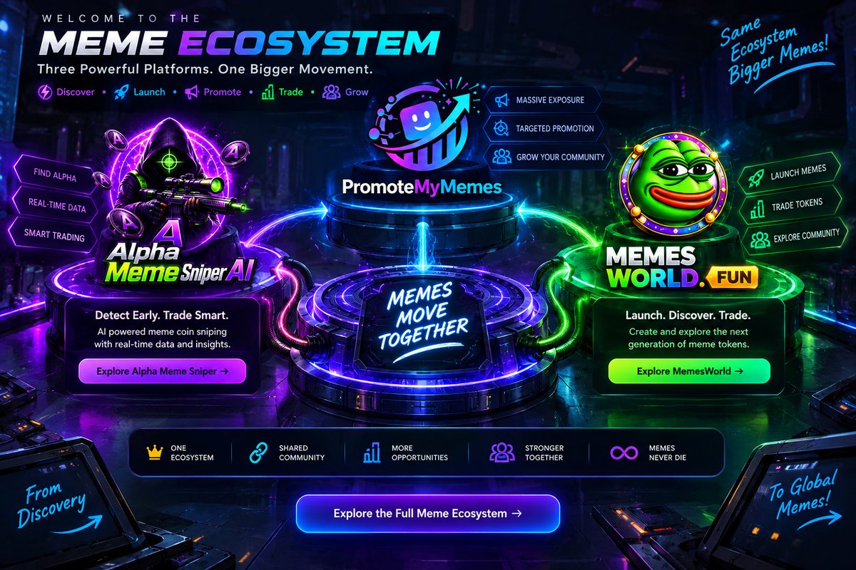 PromoteMyMemes's tweet photo. 🚀 THE MEME ECOSYSTEM IS HERE.
Three powerful platforms. One bigger movement. 🌐🔥
⚡ Discover with https://t.co/JI3RTXCPcq 🚀 Launch on https://t.co/jUO2LTFmE8 📣 Promote with https://t.co/uNoJoyEq0C 📈 Trade tokens 👥 Grow your community
From discovery → launch → promotion → growth, everything connects.
🔗 One Ecosystem 🤝 Shared Community 📈 More Opportunities 🔥 Stronger Together ♾️ Memes Never Die
Memes move together. The ecosystem grows together.
#MemeEcosystem #Memecoins #Solana #Crypto #MemesWorld #PromoteMyMemes #AlphaMemeSniper #Web3 #MemecoinSeason