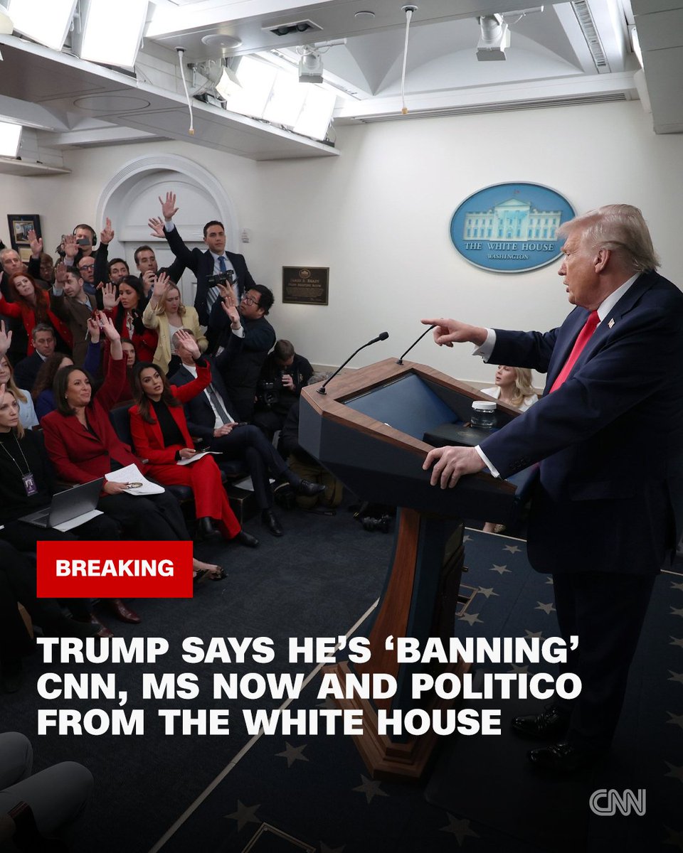 cnnbrk's tweet photo. President Donald Trump said Friday that he is "banning" CNN, MS NOW and Politico "from the White House." The president said it was "effective immediately," but there was no indication his administration had taken any steps to follow through. https://t.co/Wj4ml3NGHh https://t.co/fL94XASzH9