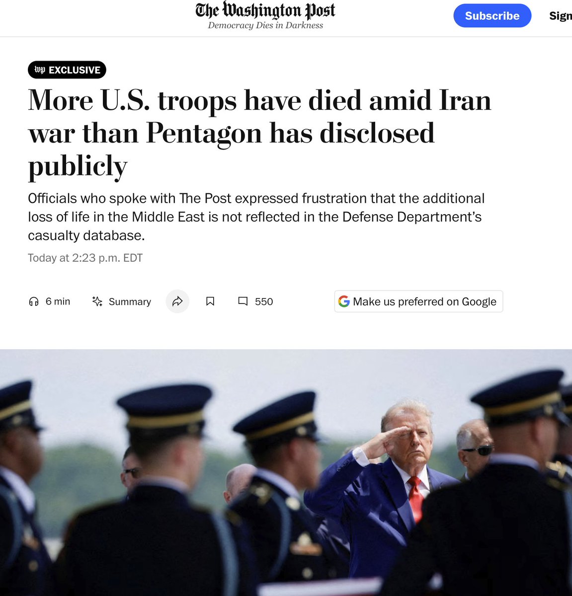 TheTNHoller's tweet photo. WASH POST: "More U.S. Troops Have Died Amid (Trump's Pointless) Iran War Than Pentagon Has Disclosed"

https://t.co/0BrSmcs3BP https://t.co/w4wW6VgM5O