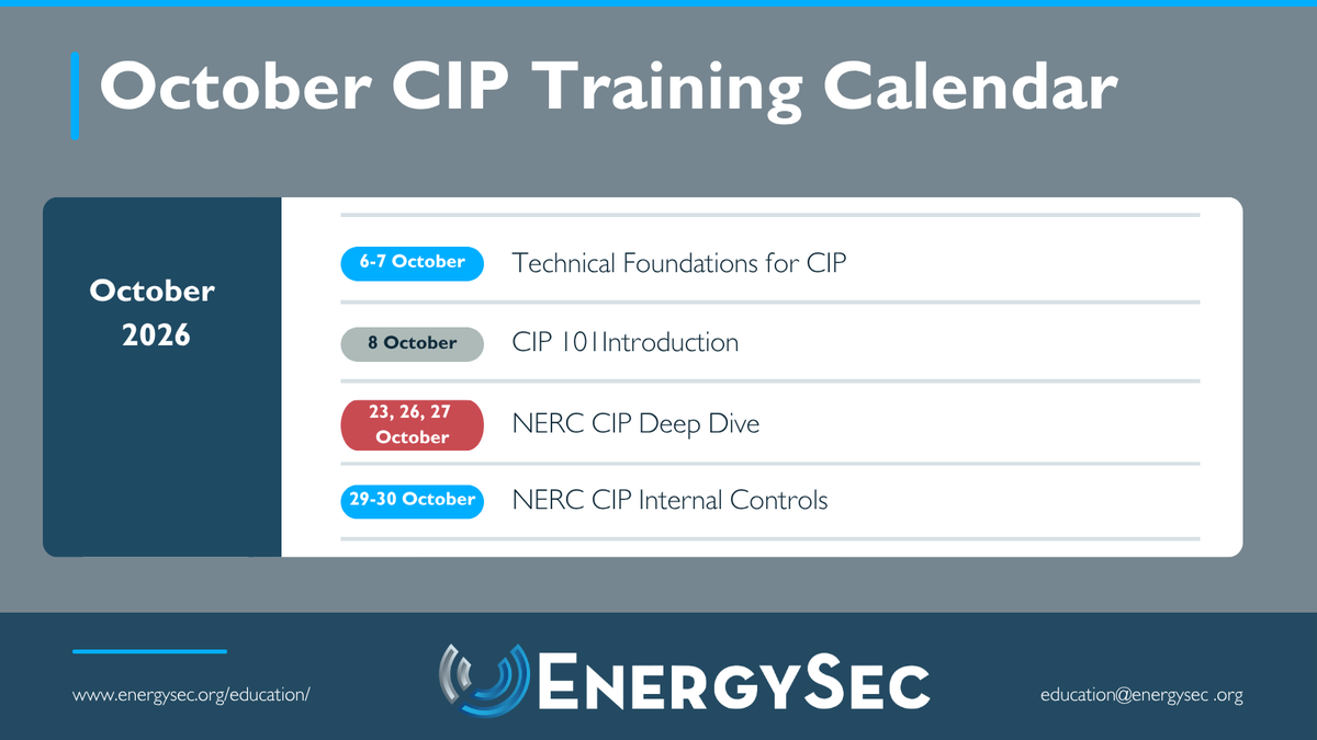 EnergySec's tweet photo. 📚 October is PACKED with CIP training!

Ready to build your knowledge, strengthen your compliance program, or sharpen your technical skills? We have several opportunities to learn this month:
🔹 Oct. 6–7: Technical Foundations for CIP
🔹 Oct. 8: CIP 101 Introduction
🔹 Oct. 23, 26 & 27: NERC CIP Deep Dive
🔹 Oct. 29–30: NERC CIP Internal Controls

Whether you're new to NERC CIP or looking to deepen your expertise, EnergySec training gives you practical knowledge you can put to work. ***Reminder: ALL of these courses are included with our C³P Credential Program or can be purchased individually!

📅 Plan your October learning today!
👉 https://t.co/76ACDsJisY

#EnergySec #NERCCIP #CIPCompliance #CIPTraining #ProfessionalDevelopment #EnergySector