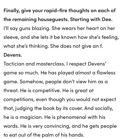 regs_mwah's tweet photo. #noticing the difference in yash’s language between calling the man a masterclass vs calling dee emotional. devens “gets people to eat out of the palm of his hands” yet DEE was the one to convince you & taylor to keep her last week, & devens failed to do so… #bb28 https://t.co/Sho7nMVooF