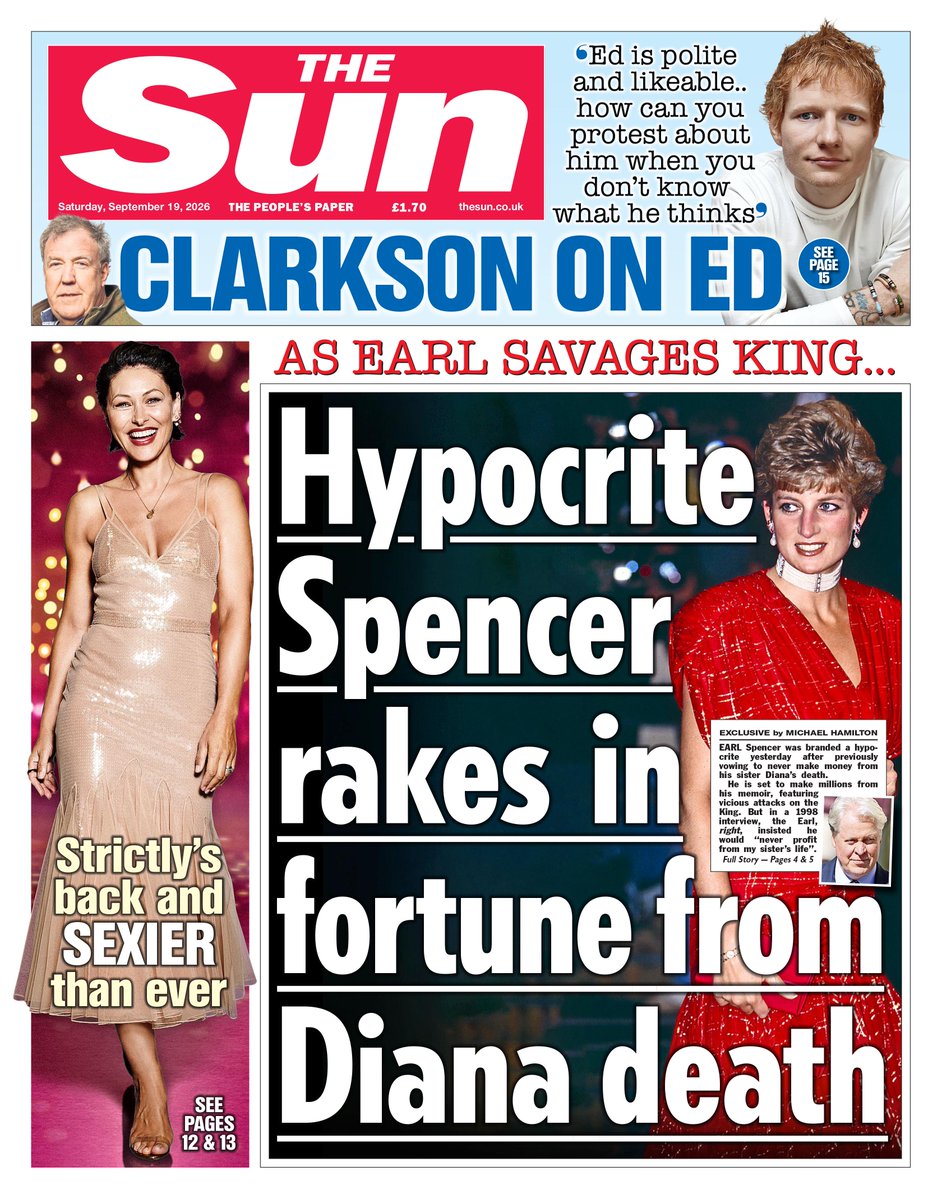 TheSun's tweet photo. Saturday's front page: Hypocrite Spencer rakes in fortune from Diana death 

https://t.co/5RNOUsG0Yu https://t.co/lHjroNhzrw