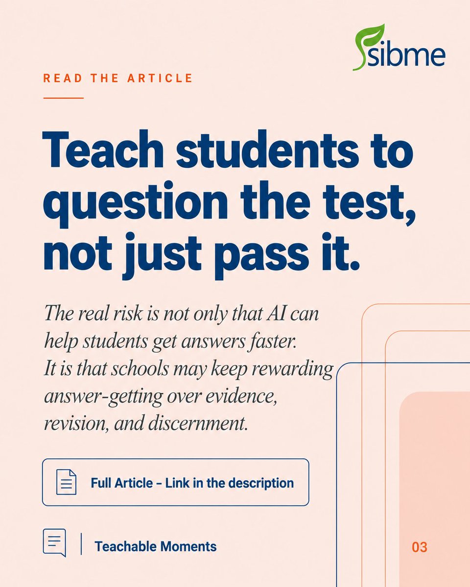 SibmeApp's tweet photo. When the fastest path to success is just getting the answer, students learn to optimize for the score instead of the learning.
Read the full article:
https://t.co/kQLNV6iqLX
#AIinEducation #Assessment #Teaching #EdLeadership https://t.co/QkyNBcrj0o