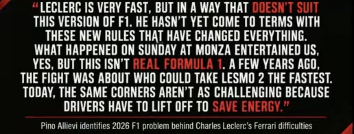 codesamfrozen's tweet photo. I saw earlier on, this photo in a post of @CL16_inside with the mention : "Just Charles Leclerc" and I wanted to give my opinion on Leclerc recents bias and himself in general. Because I find this photo representative of Leclerc himself […]
Leclerc is a fantastic driver, easily in the top 3 quickest driver on the grid. It’s not even a debate when you look at the overall performances since a decade now  and even in the karting years […]
Leclerc flirts with the limit all the time, sometimes it works (Baku poles,Austria 2020, Monaco 2025,24, sakhir 2020 quali, Japanese weekend 2026 […]) 
But sometimes it doesn’t (Baku 2019, styria 2020, Monaco 26 quali, monza 26 […].
One possible explanation is that Leclerc sometimes tries to extract more from the car than it can realistically give, especially when Ferrari lacks the pace to fight at the front. (Monza 2026 is a great example) 
I also Found a interesting quote of [Pino Allievi] that is on the other image, that’s could explain Leclerc recents "bad" performances.