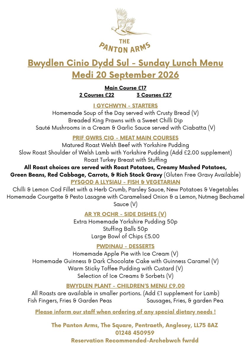 PantonArms's tweet photo. This Sunday's Menu. All of the Lunches are served freshly prepared from the kitchen using as much local produce as we are able to. With a selection of Homemade Starters &amp; Desserts. It's not a Carvery. Please phone 01248 450959 to book. https://t.co/rx6vzyYQRz