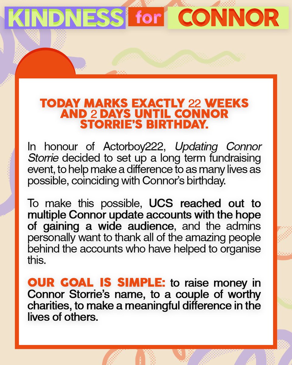 updatingstorrie's tweet photo. WELCOME TO KINDNESS FOR CONNOR 

Over the next 22 weeks and 2 days we will be fundraising for two charities, all in honour of Connor Storrie’s birthday. 

Please, if you are able to, donate money: 

https://t.co/1R4FL8x0sN
https://t.co/Ghd9FLSbfZ https://t.co/DsdruhYZxT