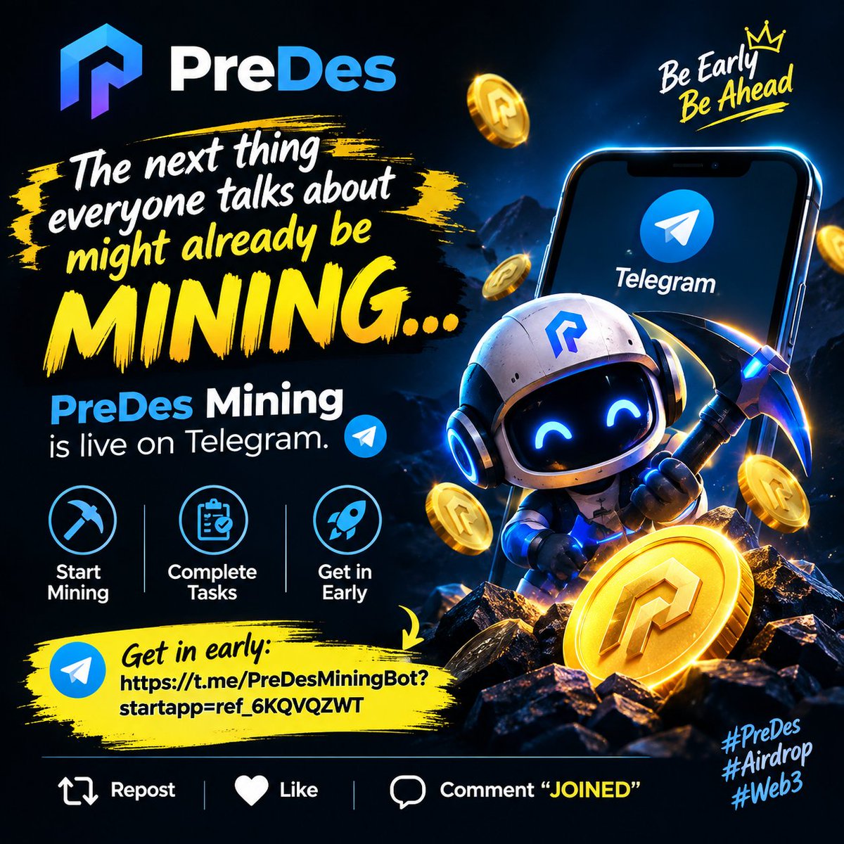 MhiztaChairman's tweet photo. 🔥 PreDes Mining is LIVE!

Start mining, complete tasks, and explore the PreDes ecosystem — all from Telegram. 💎⛏️

🎁 Join early and start earning points/rewards!

👇 Get started here:
https://t.co/5IcbYdF42o

#PreDes #PreDesMining #Airdrop #Crypto #Web3 #Telegram https://t.co/ERO73XZ3UI