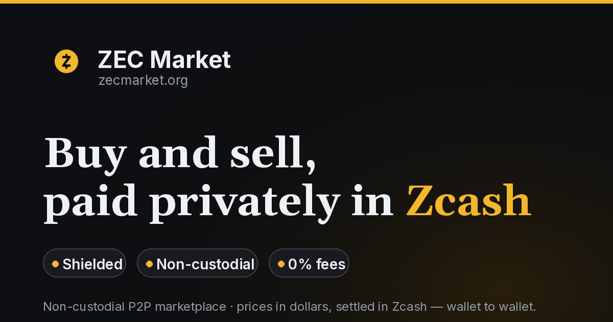 ZecMarket's tweet photo. The combined age of our team is 100+.

We’re building a marketplace for Zcash.

We want to connect with more people who believe Zcash should be used in everyday life. 😀 https://t.co/rD8OwWyY9j