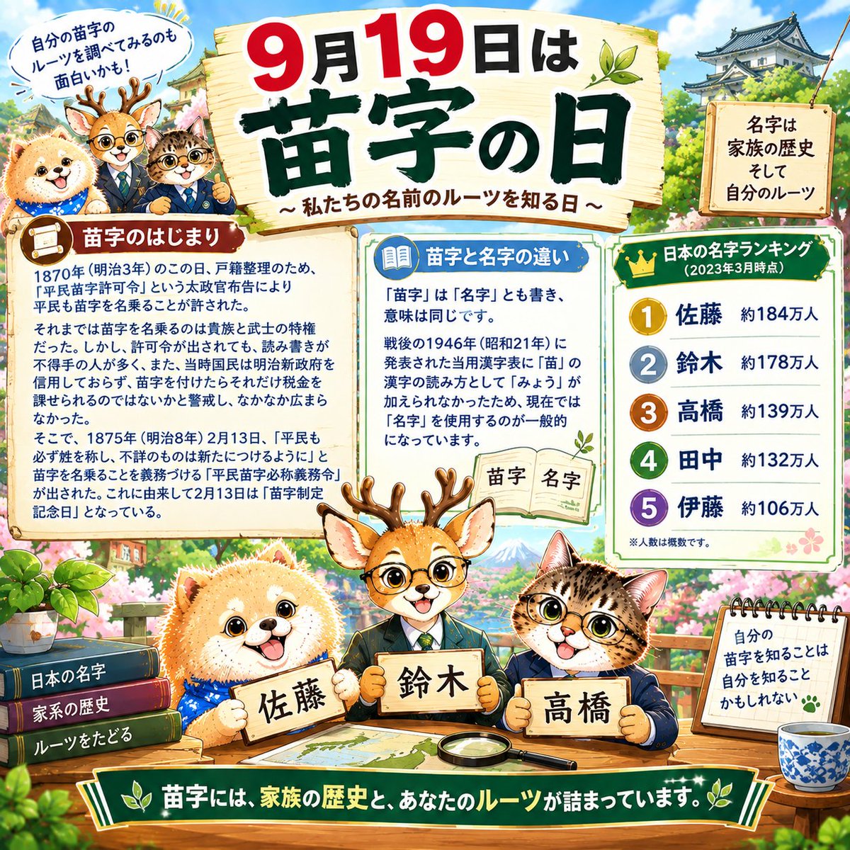 SSHUNRX8's tweet photo. 9月19日は「名字の日」✍️✨

1870年のこの日、平民も名字を名乗ることが許可された歴史的な日です。

由来や「苗字」と「名字」の違い、気になる日本の名字ランキングなどを画像にまとめました👑

皆さんのご先祖様や名字のルーツ、調べてみると面白いかもしれませんね！

#名字の日 #苗字の日 https://t.co/lfuMvg3L5T