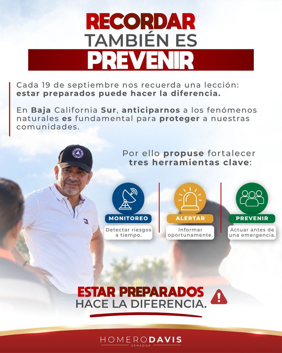 homerodav's tweet photo. El #SimulacroNacional nos recuerda la importancia de estar preparados. En Baja California Sur debemos anticiparnos y saber cómo actuar ante los fenómenos naturales. Participemos en el simulacro y hagamos de la prevención una responsabilidad de todas y todos. 

#VamosAdelante https://t.co/NveorPIwfy