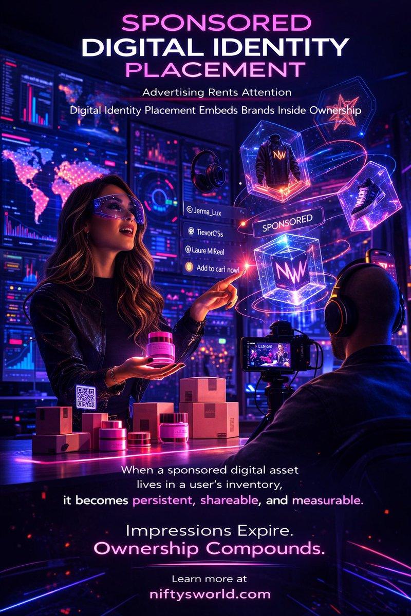 NiftysWorld's tweet photo. 🧬 Advertising rents attention.

Digital identity placement embeds brands inside ownership.

When a sponsored digital asset lives in a user’s inventory, it becomes persistent, shareable, and measurable.
Impressions expire. Ownership compounds.

📲 Learn more at https://t.co/wokScsWd06

#NiftysWorld #LasVegas #Oohhwwee #AI #AR #DigitalCollectibles