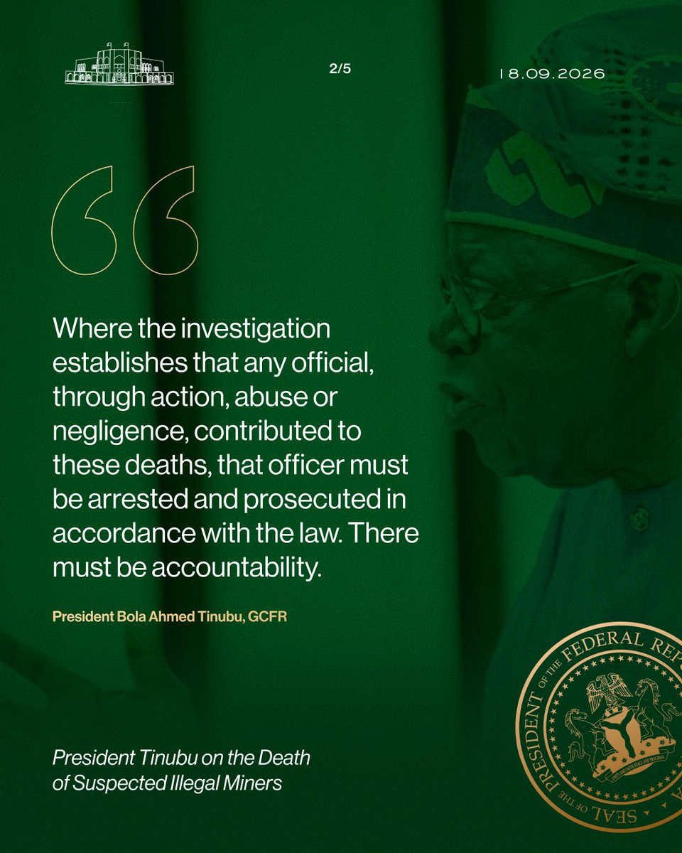 NGRPresident's tweet photo. Key Quotes From President Tinubu's Statement On The Death of Suspected Illegal Miners. https://t.co/oXJg1nkoiG