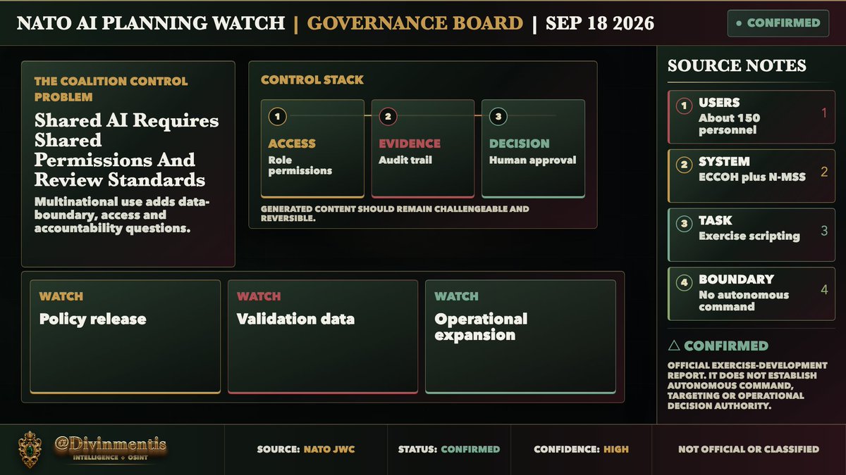 Divinmentis's tweet photo. Why it matters: AI is moving from isolated defense pilots into coalition staff work. Watch source traceability, permissions, audit logs, human review and whether generated exercise injects survive expert validation. #AISafety #CommandAndControl https://t.co/oz6im22I54