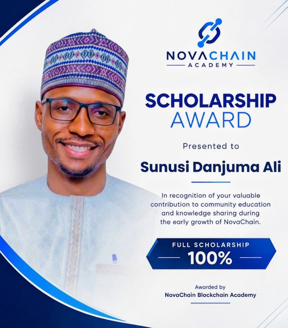NovaAcademy01's tweet photo. Assalamu Alaikum Warahmatullahi Wabarakatuh.

Muna farin cikin sanar da Sunusi Danjuma Ali cewa NovaChain Academy ta karrama shi da Full Scholarship (100%) na mutum biyu a matsayin godiya da girmamawa bisa muhimmiyar gudummawar da ya bayar wajen ilmantar da al’umma, gabatar da jawabai da gudanar da karatuka, musamman a farkon tasowar NovaChain.

Wannan kyauta ce ta nuna godiyarmu ga ƙoƙarinka da irin gudummawar da ka bayar.

Muna taya ka murna.

Allah Ya saka da alheri, Ya ƙara maka ilimi da albarka.

https://t.co/qh6v80pqfO

— NovaChain Blockchain Academy