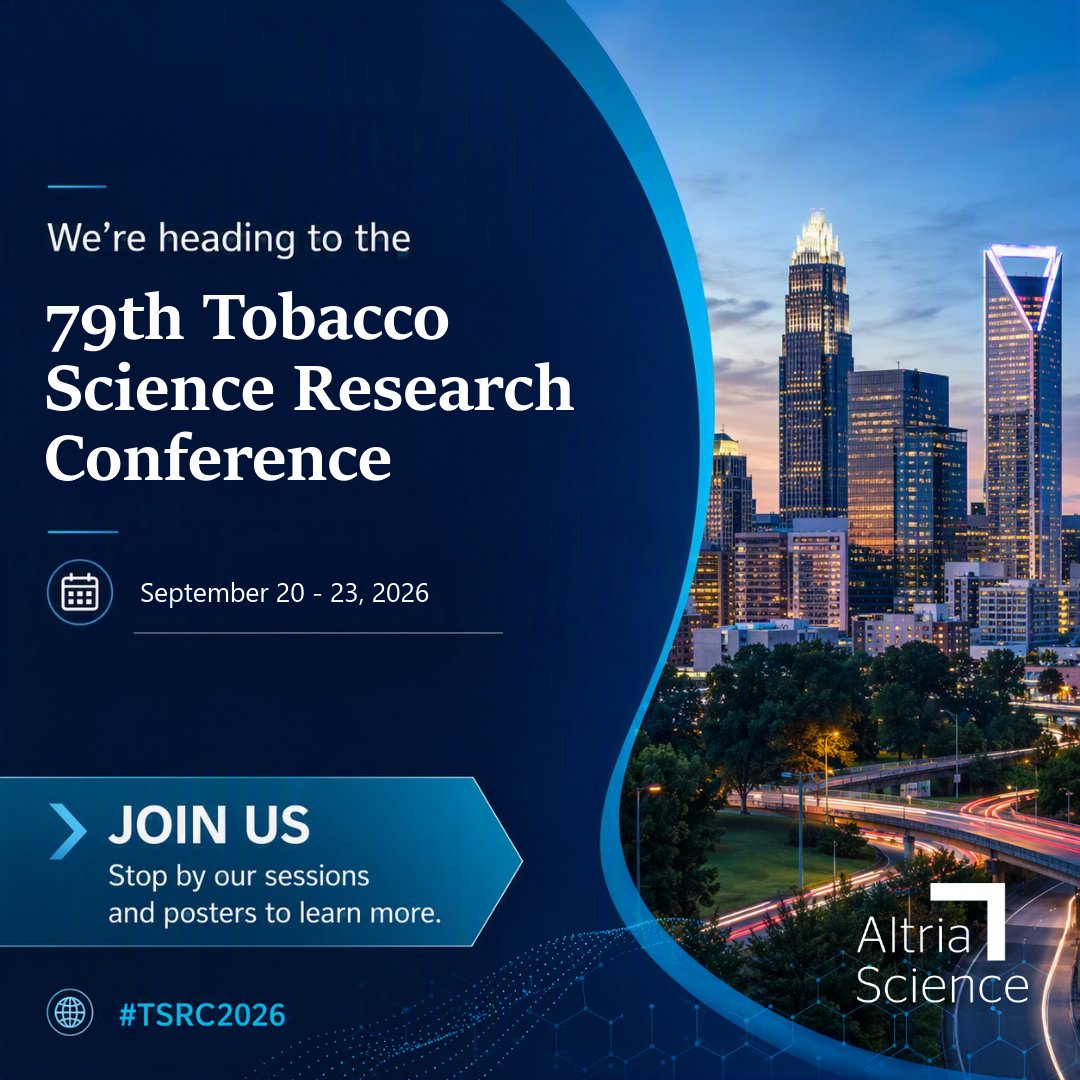 AltriaScience's tweet photo. Altria scientists are bringing 19 posters and presentations to the 79th Tobacco Science Research Conference in Charlotte.

Across analytical science, toxicology, clinical and preclinical research, and population science, our teams are examining important questions related to nicotine products, product behavior, tobacco-use patterns and tobacco harm reduction.

This multidisciplinary research helps deepen product understanding, strengthen the evidence base and contribute to informed scientific and regulatory discussion.

Attending #TSRC2026? Join us at our sessions and posters to explore the research and meet the scientists behind it.