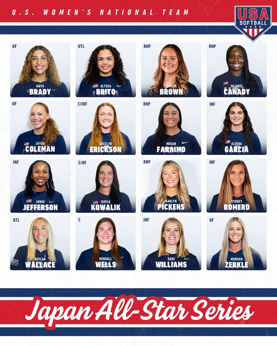 USASoftball's tweet photo. The squad is 𝗹𝗼𝗰𝗸𝗲𝗱 𝗶𝗻 🔒🇺🇸

Here’s who will represent #TeamUSA at the 2026 𝗝𝗮𝗽𝗮𝗻 𝗔𝗹𝗹-𝗦𝘁𝗮𝗿 𝗦𝗲𝗿𝗶𝗲𝘀!

📄 𝑹𝒆𝒂𝒅 𝒎𝒐𝒓𝒆 » https://t.co/uDPAuZ5FiL https://t.co/bibubfJQe0
