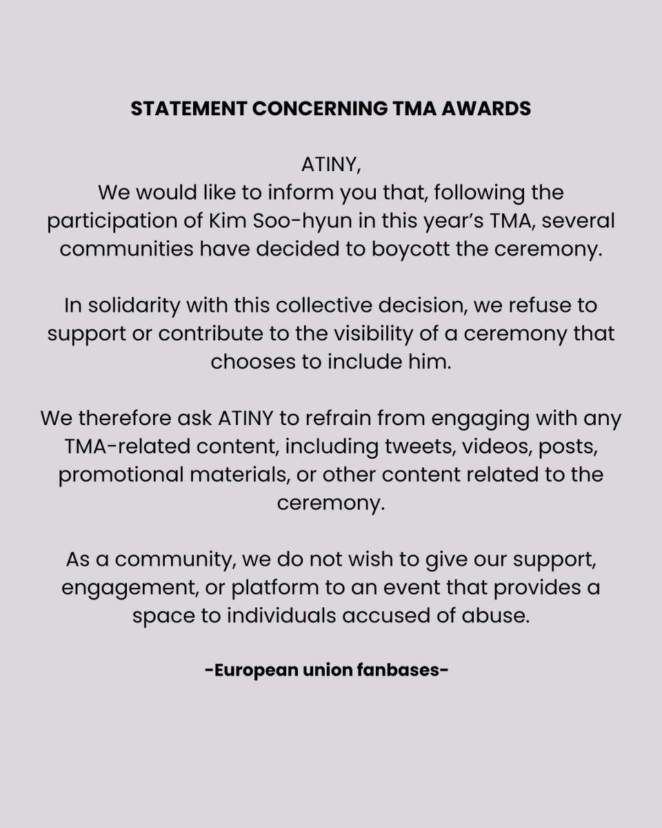 EuropeAteez's tweet photo. Statement concerning TMA Awards
#BoycottKimSooHyun https://t.co/nXeXj3Vsaz